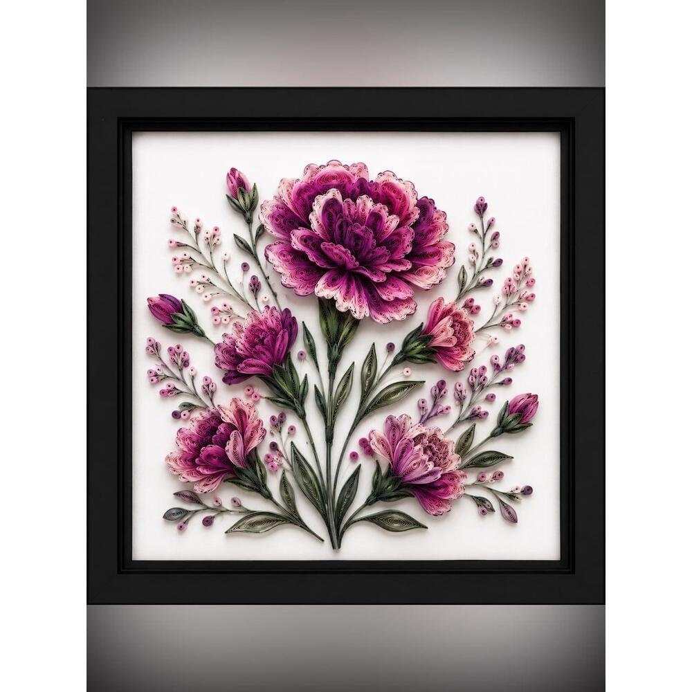 8x8 Framed Pink & Purple Paper Quilling Floral Art Print
